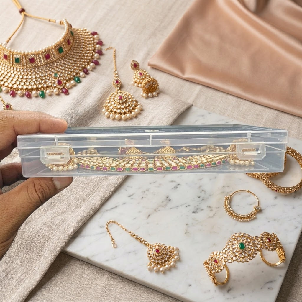 1x Clear Plastic Jewellery Storage Box with Dual Snap-Lock Latches – Transparent Flat Organizer Case for Indian Bridal Necklace Sets, Chokers, Bangles, Craft Beads & Travel Accessory Display