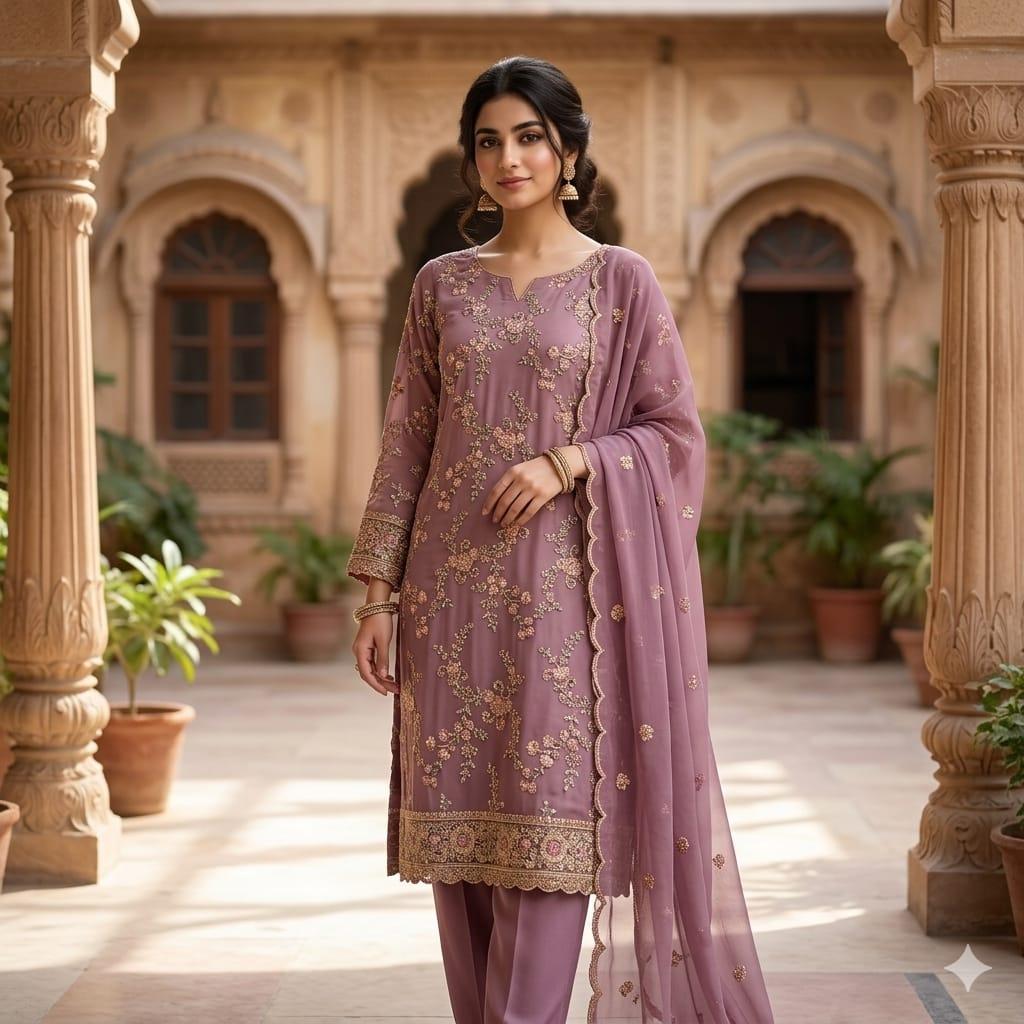 unstitched Georgette 4 piece Shalwar Kameez Dupatta with Lining Premium Embroidered Polyester