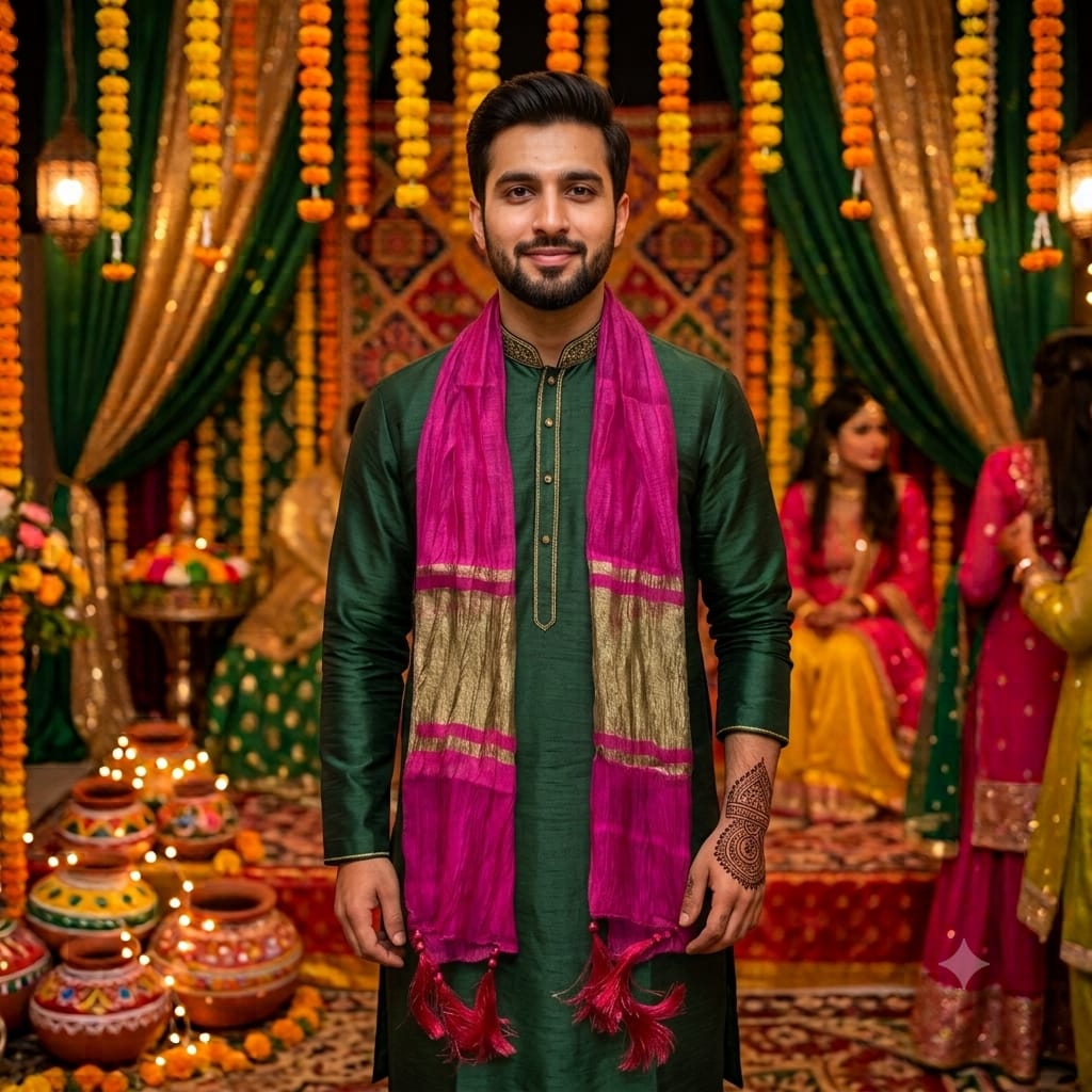 Men's Women Mehndi Scarf Patka Dupatta Stole Shawl | Groom Groomsmen Dulha Barat Nikah Wedding Party Wear | Cerise Orange Olive Green Masuri Silk