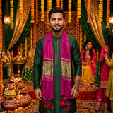 Men's Women Mehndi Scarf Patka Dupatta Stole Shawl | Groom Groomsmen Dulha Barat Nikah Wedding Party Wear | Cerise Orange Olive Green Masuri Silk