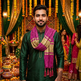 Men's Women Mehndi Scarf Patka Dupatta Stole Shawl | Groom Groomsmen Dulha Barat Nikah Wedding Party Wear | Cerise Orange Olive Green Masuri Silk
