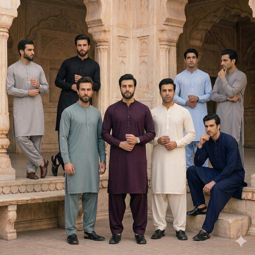 Men's Shalwar Kameez Traditional Clothing In Multiple Colours With Long Sleeves And Button Front Comes With Shalwar And Kameez