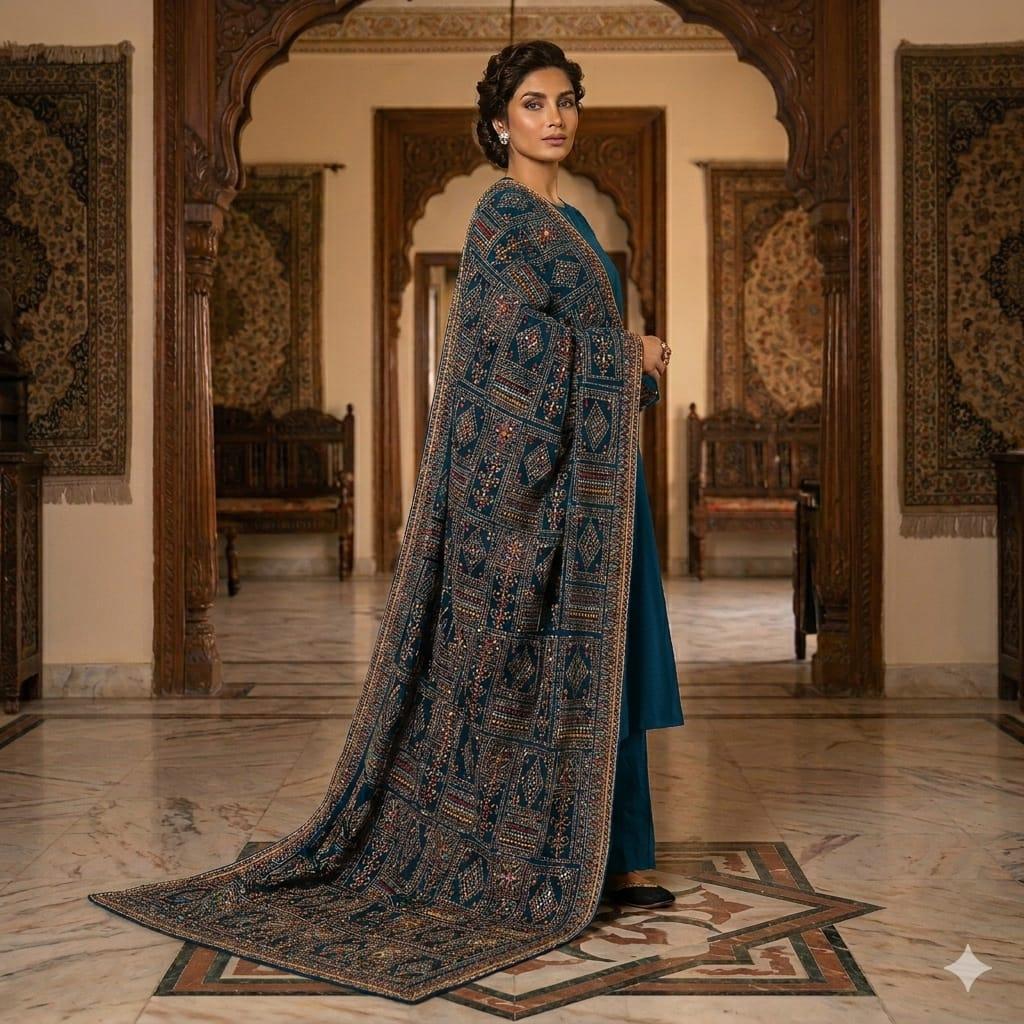 Luxury Embroidered Velvet Shawl – Full Length 2.5 Yards Winter Wrap | Premium Geometrical Needlework Dupatta Available in Black, Navy Blue & Teal