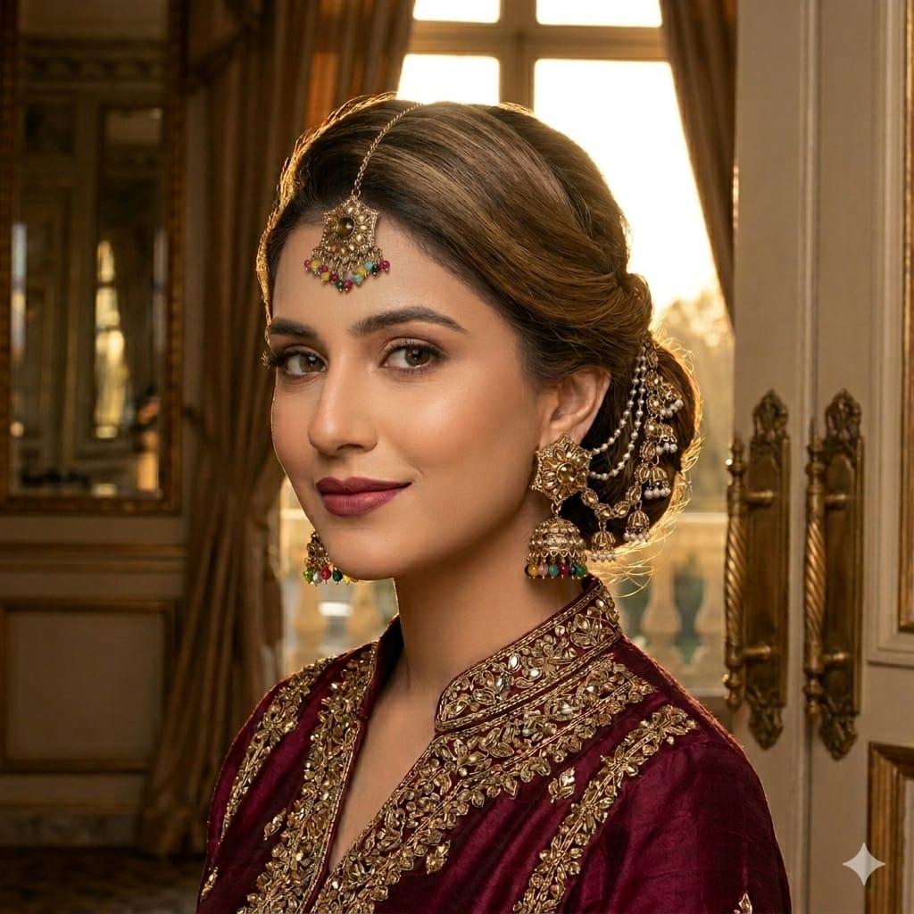 Gold Pearl & Multicolor Bead Kaan Sahara Set with Tikka | 2 Sahare + 1 Tikka | Bahubali Ear Chain | Pearl Kaan Chain | Indian Pakistani Bridal Jewelry