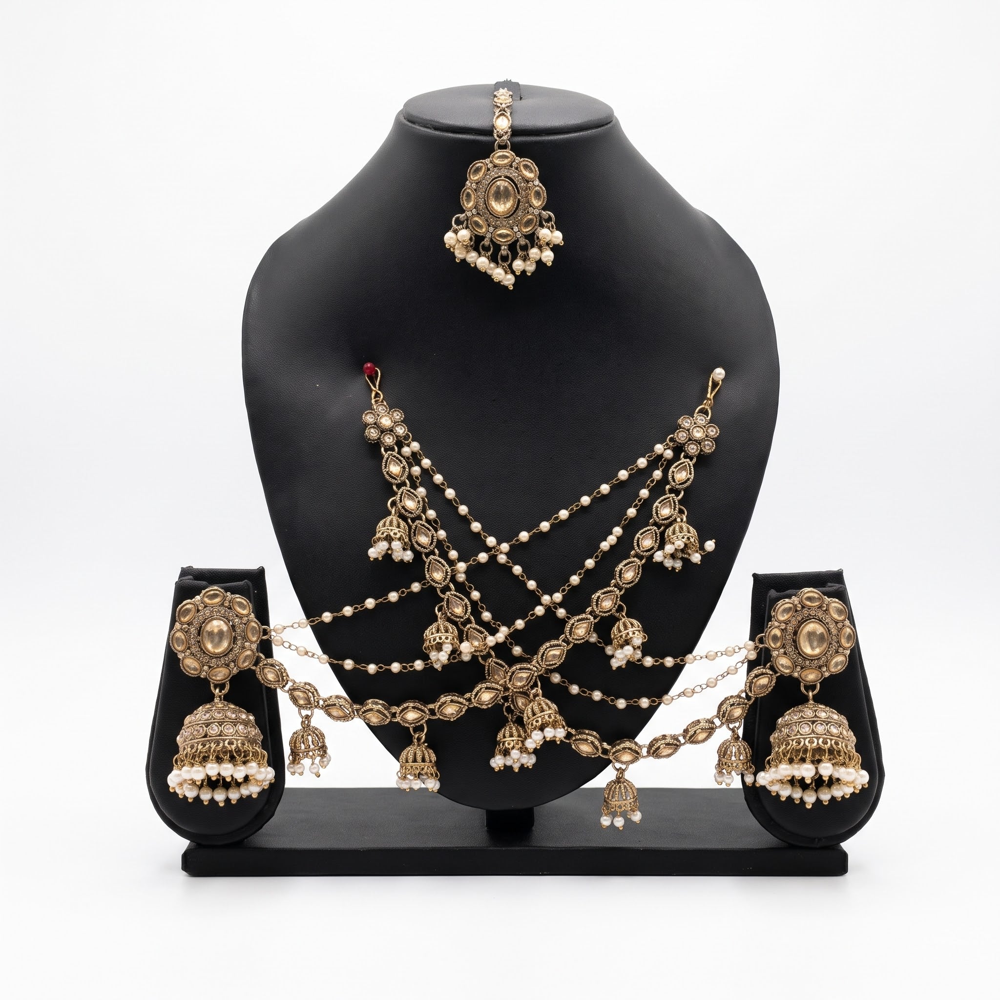Gold Pearl & Multicolor Bead Kaan Sahara Set with Tikka | 2 Sahare + 1 Tikka | Bahubali Ear Chain | Pearl Kaan Chain | Indian Pakistani Bridal Jewelry
