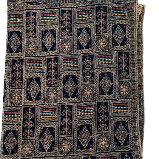 Luxury Embroidered Velvet Shawl – Full Length 2.5 Yards Winter Wrap | Premium Geometrical Needlework Dupatta Available in Black, Navy Blue & Teal